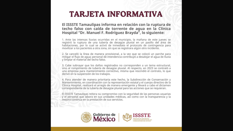 ISSSTE emite comunicado tras colapsar techo por lluvias.