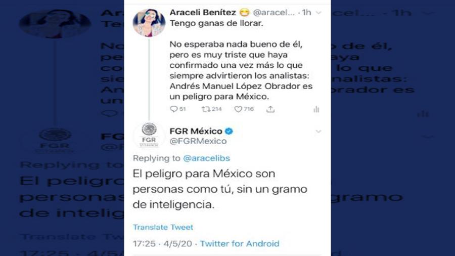 FGR insulta por twitter a usuaria que criticó mensaje de AMLO