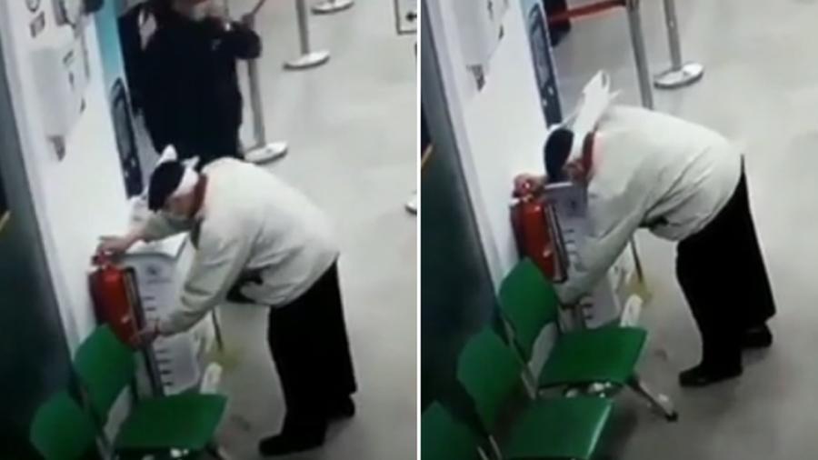 Abuelito confunde el bote de gel higienizante con un extintor