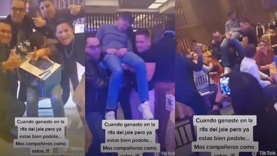 Hombre ebrio gana en rifa de trabajo, compañeros lo llevan con todo y silla a reclamar su premio