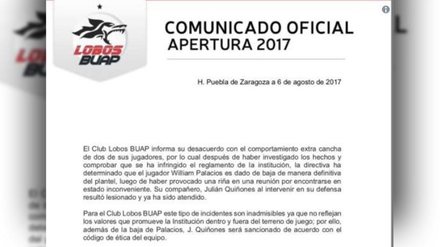 Toma medidas Lobos BUAP sobre pelea donde se involucraron Julián Quiñones y William Palacios