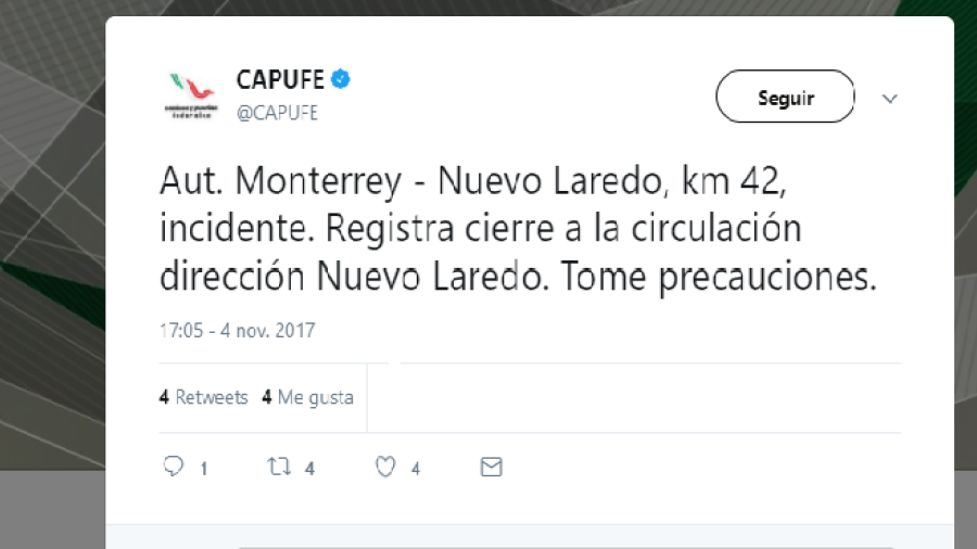Carambola causa cierre de autopista Nuevo Laredo-Monterrey
