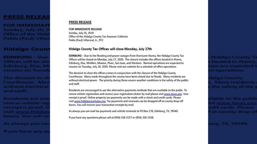 Oficinas tributarias en el condado de Hidalgo permanecerán cerradas este lunes