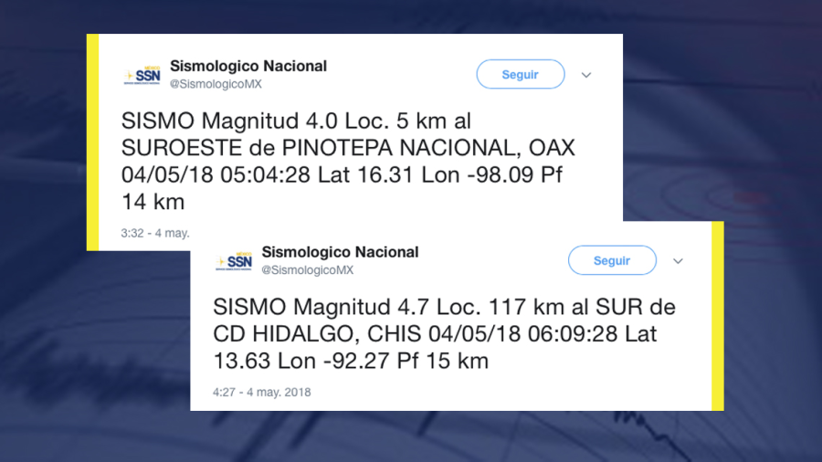 Ocurren sismos de magnitudes 4.7 y 4.0 en Chiapas y Oaxaca