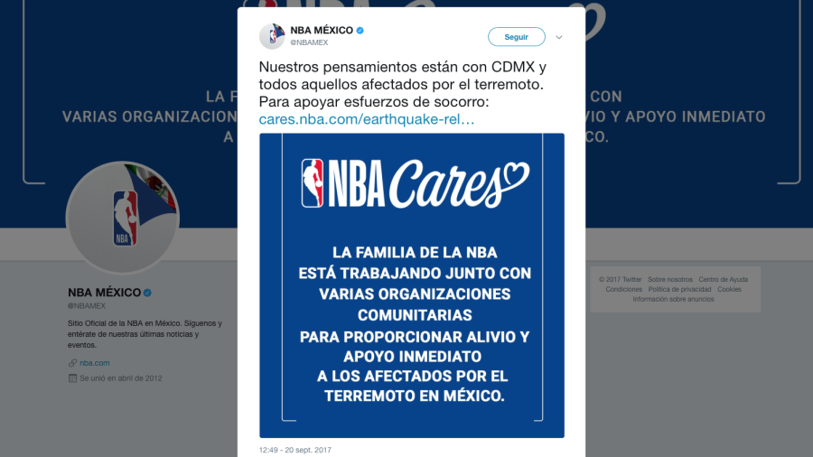 NBA anuncia apoyo inmediato para damnificados tras sismo