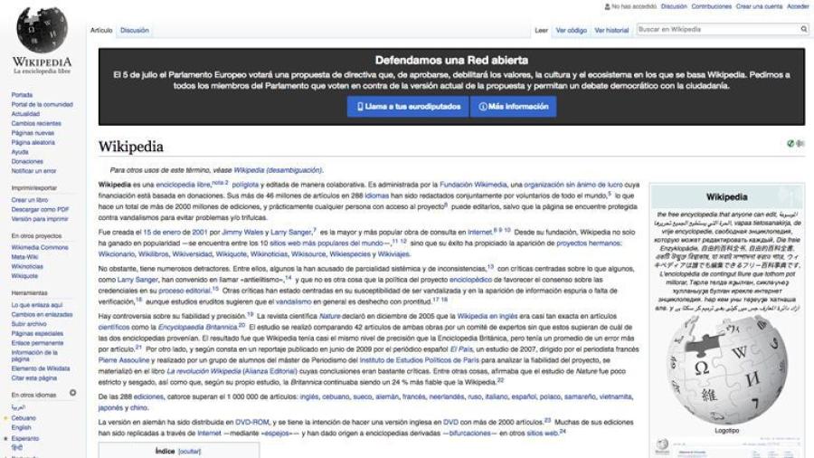 Wikipedia en contra de la ley de derecho de autor en la UE