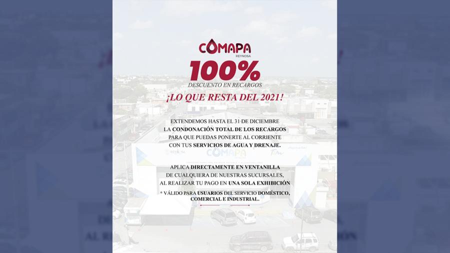 Extiende COMAPA Reynosa 100% de descuento en recargos; ¡Lo que resta del 2021!