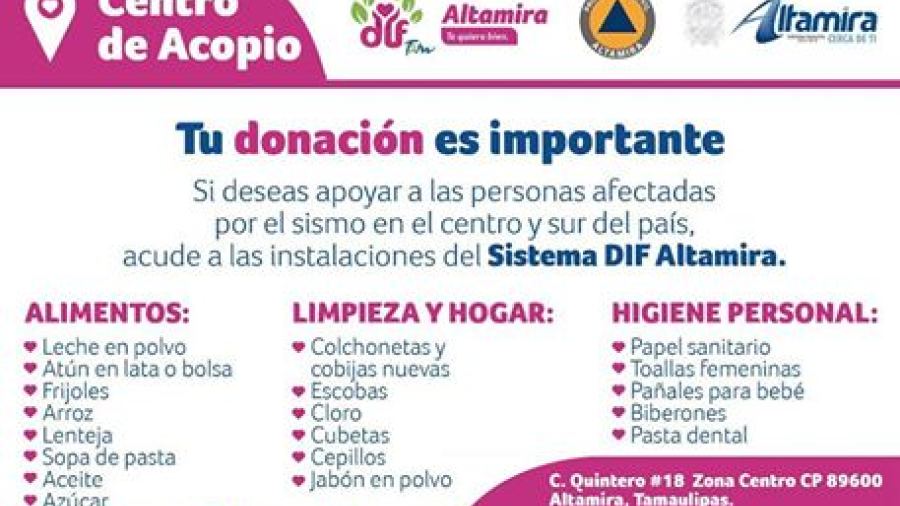 DIF Altamira invita a apoyar a damnificados del centro y sur del país