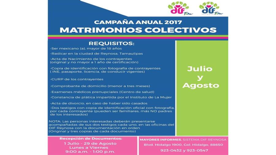 Llevarán a cabo "Campaña anual 2017 de matrimonios colectivos"