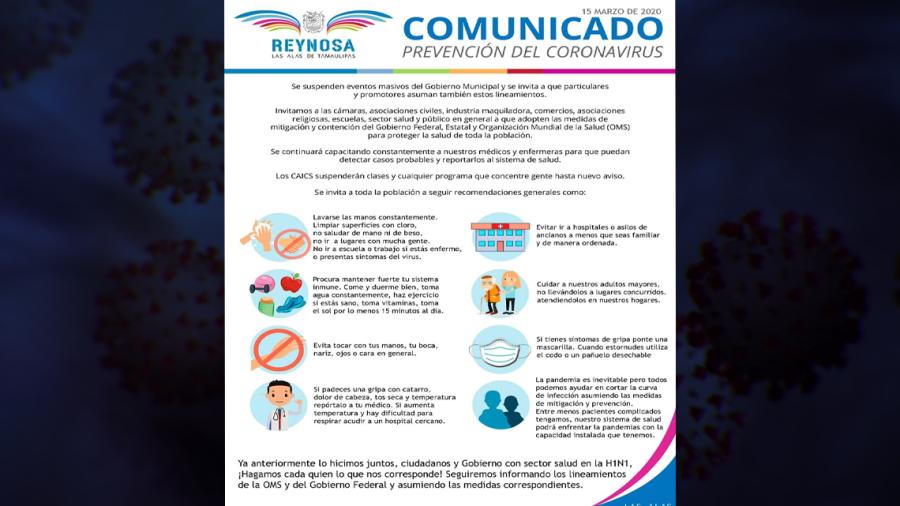 Convoca Gobierno de Reynosa a mantener medidas de limpieza y prevención por virus COVID-19
