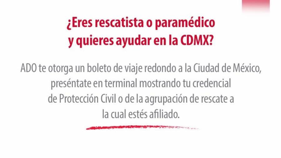 Ofrece ADO a rescatistas viaje redondo gratis hacia CDMX 