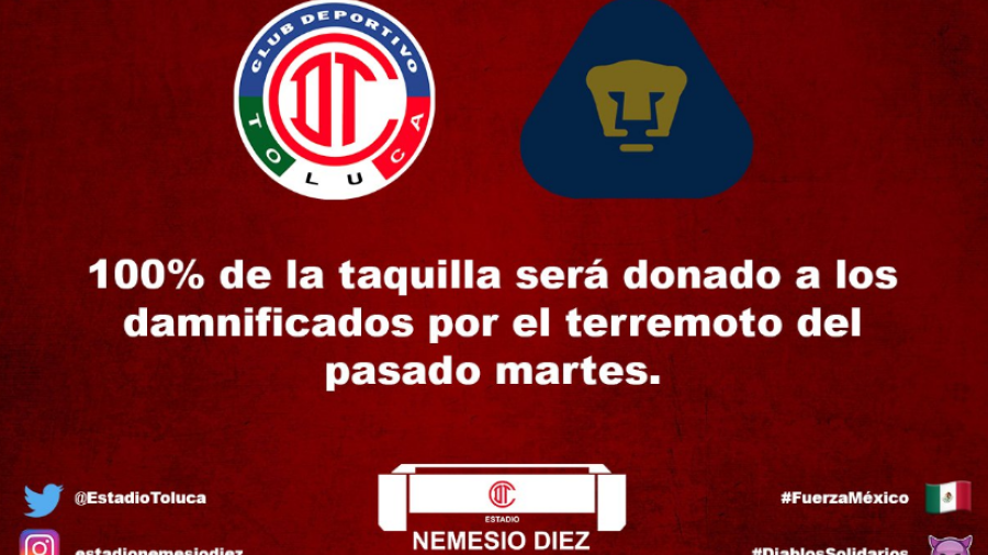 Toluca donará taquilla contra Pumas