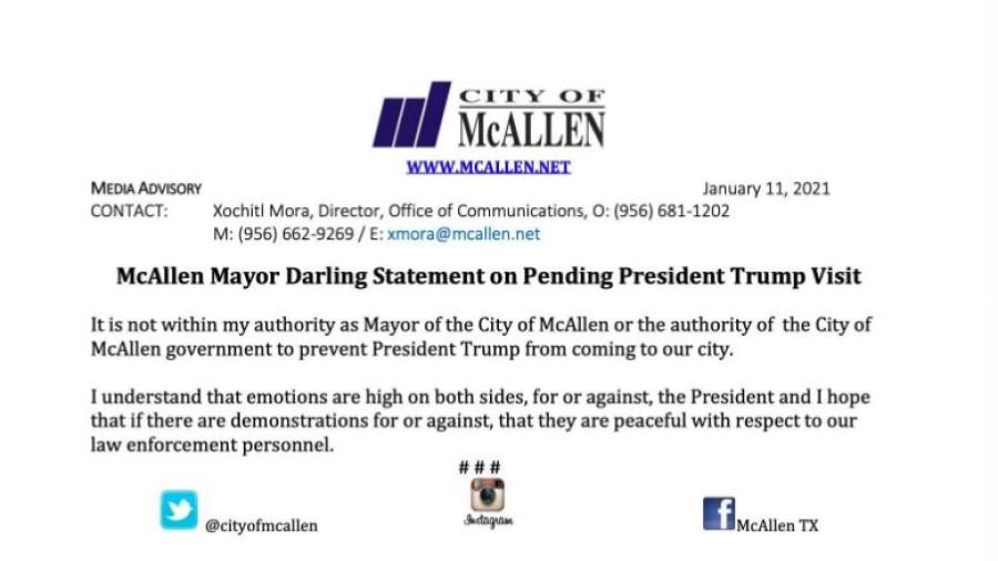 Pide alcalde de McAllen, Jim Darling, manifestaciones pacíficas con la visita de Trump