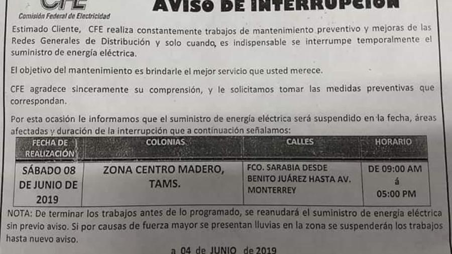 Corte de energía eléctrica en Madero debido a trabajos de mantenimiento