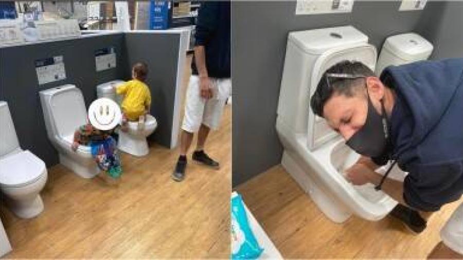 Niño que hizo popó en inodoro de exhibición se hizo viral