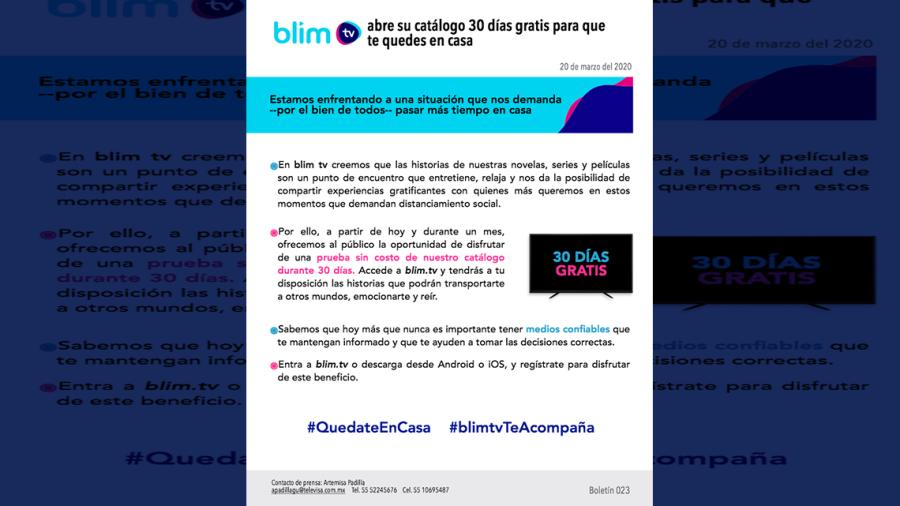 ¡Para que te quedes en casa! Blim TV abre su catálogo por 30 días gratis