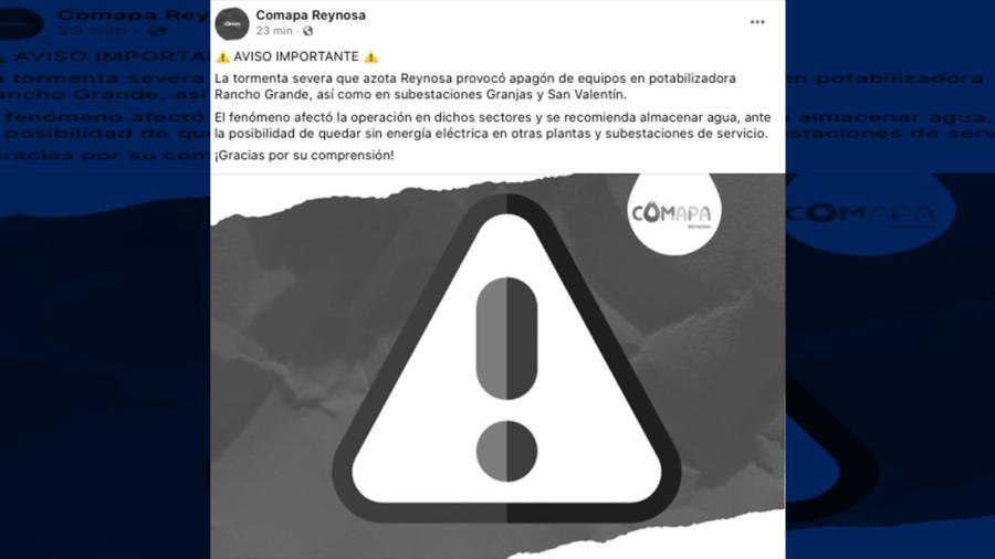 Advierte Comapa por afectaciones en el suministro de agua por la tormenta en Reynosa 