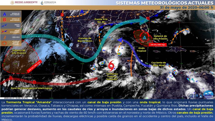 La Tormenta Tropical "Amanda" ocasionará lluvias puntuales torrenciales en zonas de Veracruz, Tabasco, Oaxaca y  Chiapas