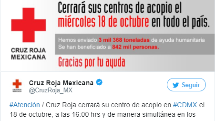 Cruz Roja cerrar&aacute; centros de acopio el 18 de octubre