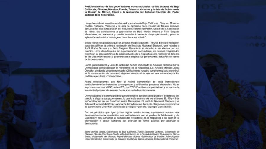 Gobernadores de Morena califican de “excesiva” la resolución del INE en caso de Salgado Macedonio