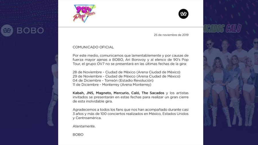 BoBo anuncia que OV7 no estará en las últimas fechas del 90's Pop Tour