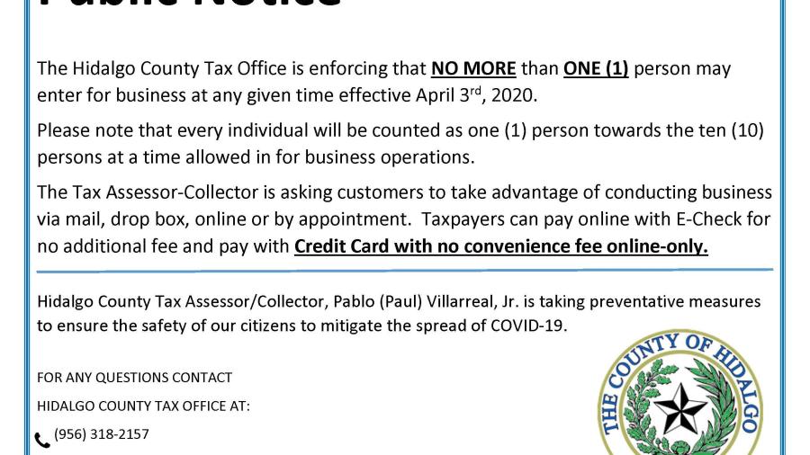 Oficina de Impuestos del Condado Hidalgo permitirá la entrada a una persona a la vez