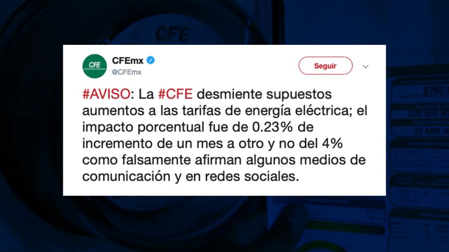 Desmiente CFE aumento a las tarifas eléctricas