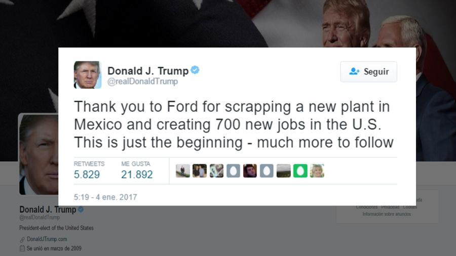 Donald Trump felicita a Ford por retirar inversión en Mexico
