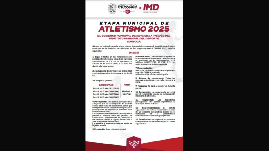 Invita Gobierno de Reynosa a la Etapa Municipal de Atletismo