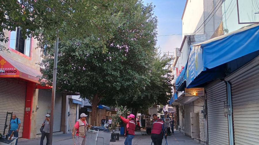  PC y Bomberos realiza el corte y recolección de ramas de árboles sobre la calle peatonal Hidalgo