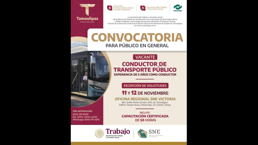 Busca STPS trabajadores para operadores de camiones de transporte público en Tamaulipas