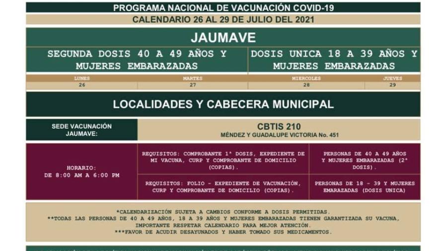 Conoce primeras fechas y sedes de vacunación contra Covid19 para 18 a 39 años en Tamaulipas