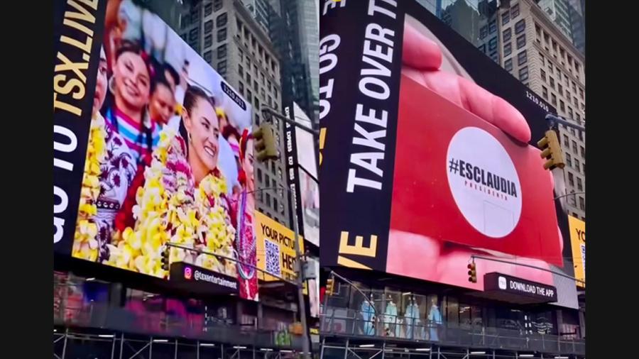 Proyectan anuncio de Sheinbaum en Times Square, PAN denuncia actos anticipados de campaña