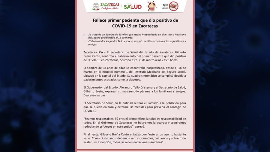 Confirma Secretaría de Salud de Zacatecas, primera muerte por coronavirus 