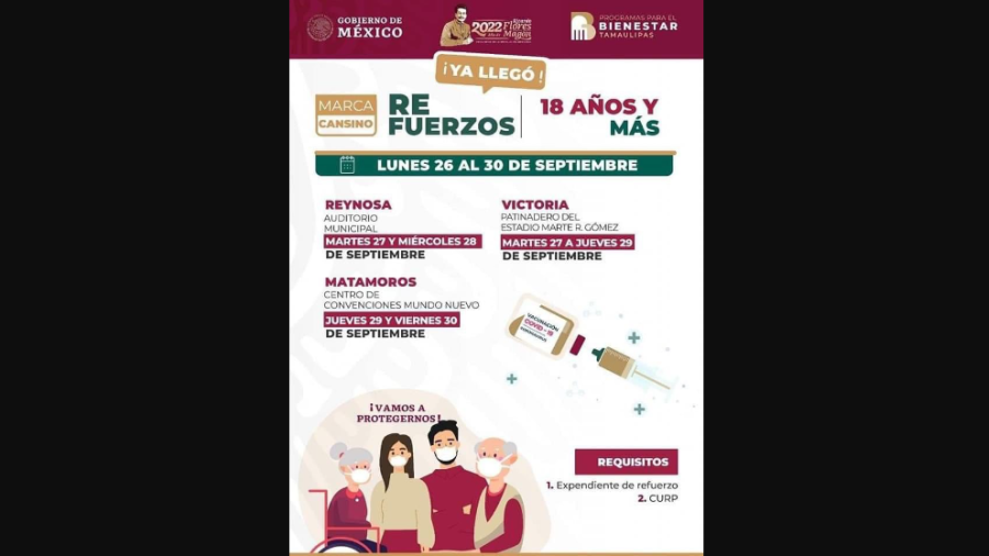 Vacunan martes y miércoles contra COVID-19 a personas de 18 y más en Reynosa 