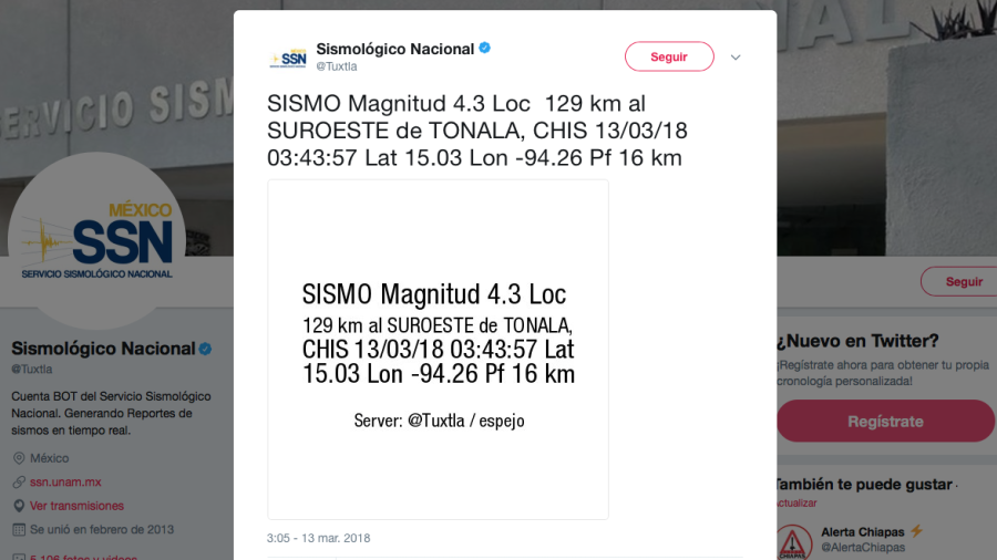 Se registra sismo de magnitud 4.3 en Tonalá, Chiapas