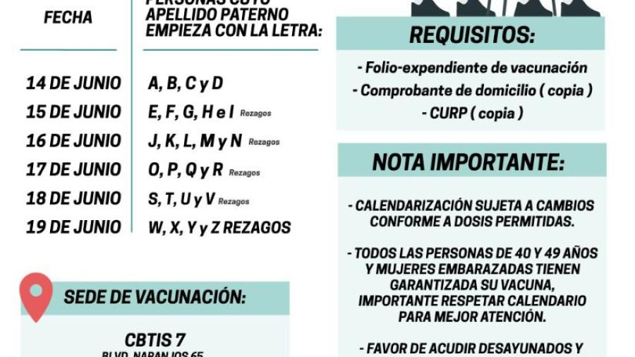 Iniciará el lunes 14 vacunación 40-49 años y embarazadas