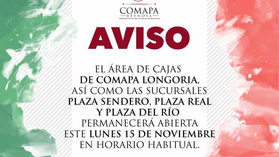Cajas de COMAPA Reynosa estarán abiertas el 15 de noviembre 