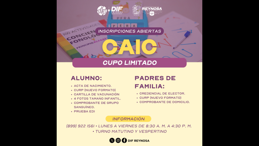 Abre DIF-Reynosa inscripciones en CAIC con atención integral para niñas y niños