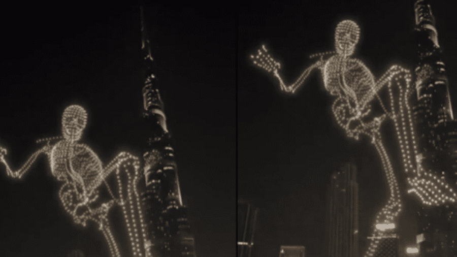 Drones en Dubái crean esqueleto gigante por Halloween