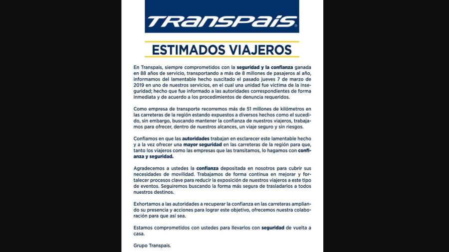 Pide Transpaís mayor seguridad en carreteras de Tamaulipas