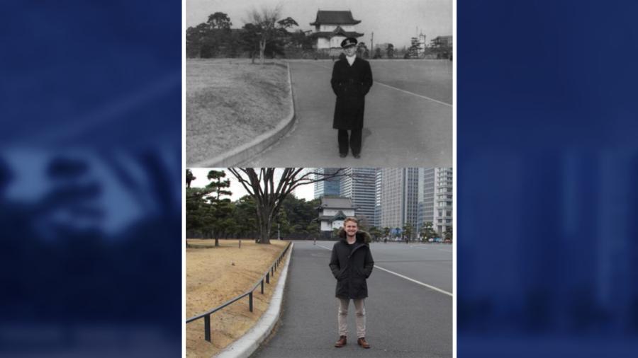 Decide repetir imagen de su abuelo en Tokio de hace 70 años