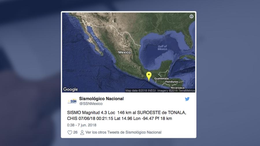 SSN reporta sismo de magnitud 4.3 en Chiapas