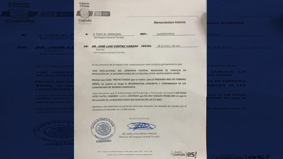 Hospital General de Torreón suspende la aplicación de la segunda dosis de la vacuna 