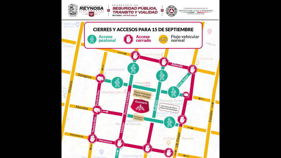 Cierre de vialidades en Zona Centro por ceremonia del Grito de Independencia