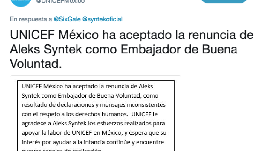 Por tweets, Syntek deja de ser Embajador de la UNICEF