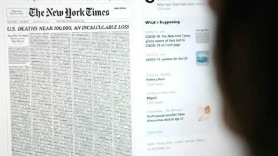 NYT dedica su portada con los nombres de las casi 100 mil víctimas mortales de covid-19 en EUA