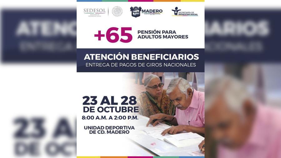 Apoyos de 65+ ser&aacute;n entregados en la Unidad Deportiva de la ciudad