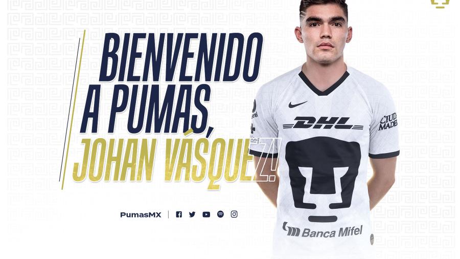 Pumas anuncia a Johan Vásquez como nuevo refuerzo 
