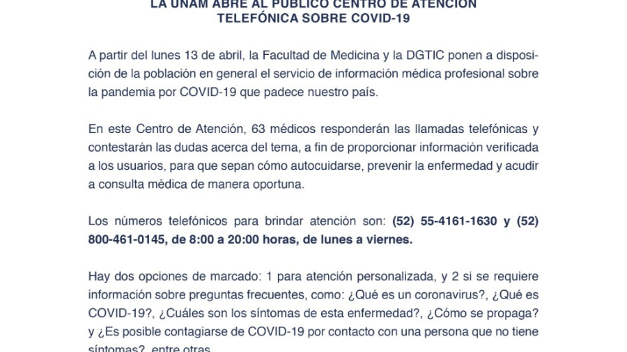 UNAM abre Centro de atención telefónica sobre COVID-19